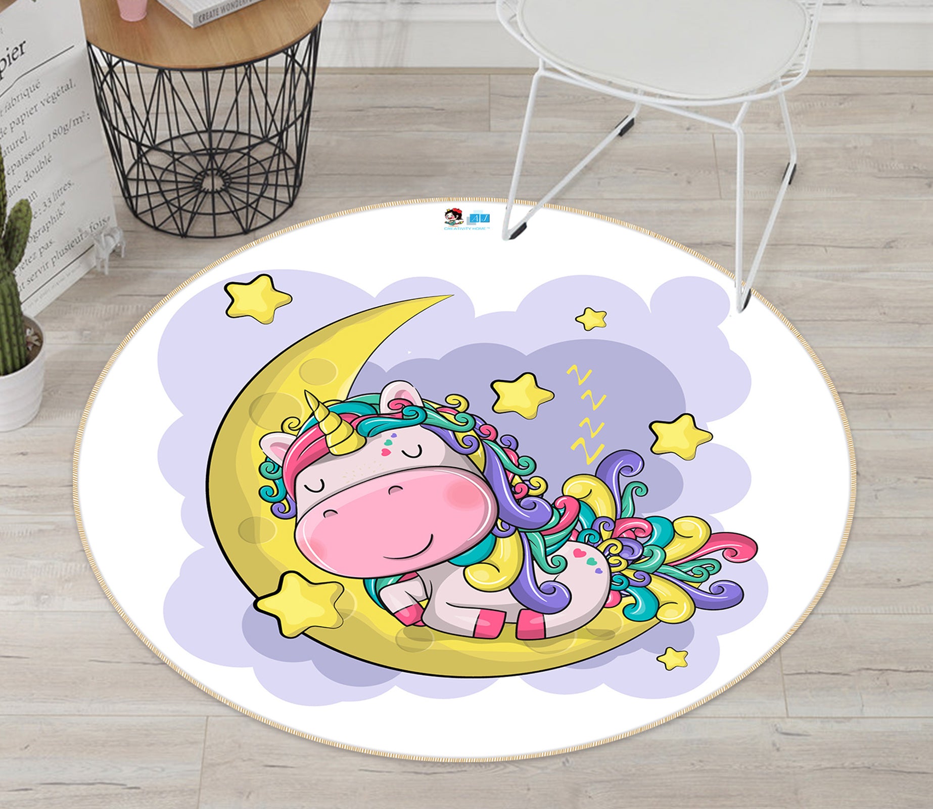 3D Cartoon Moon Unicorn 74203 Round Non Slip Rug Mat