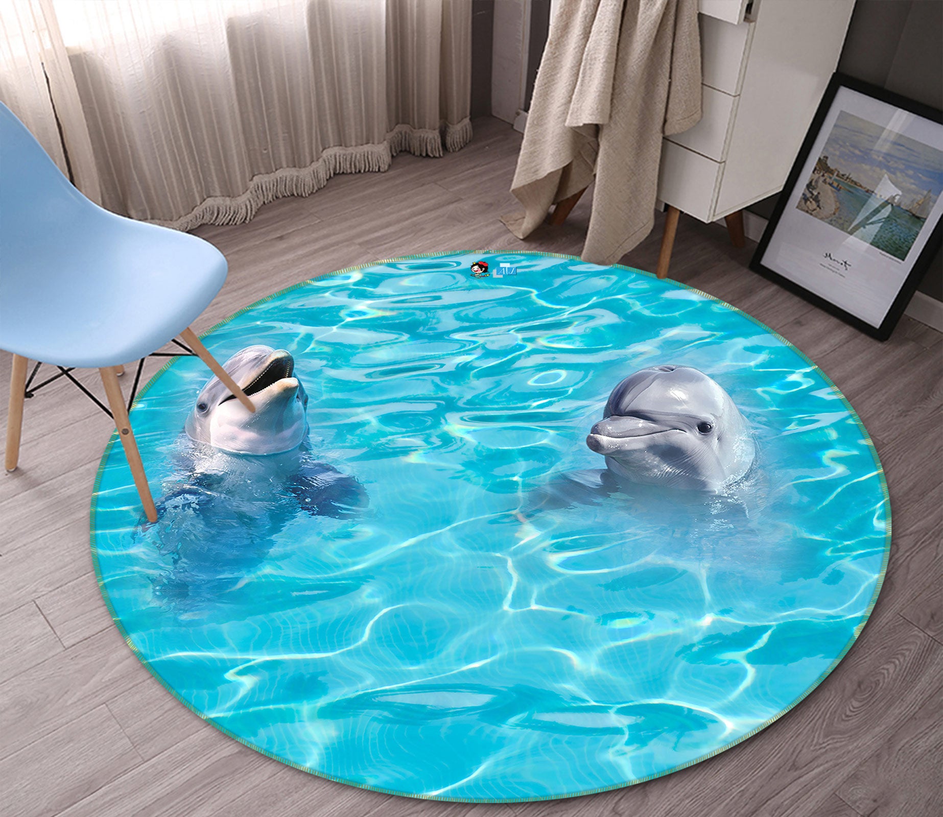 3D Dolphin Water Ripple 80263 Round Non Slip Rug Mat