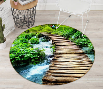 3D Wooden Bridge Grove River 74053 Round Non Slip Rug Mat
