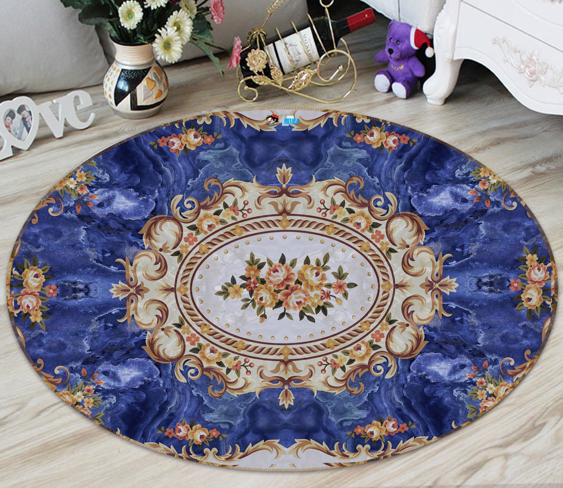3D Blue Pattern 74016 Round Non Slip Rug Mat