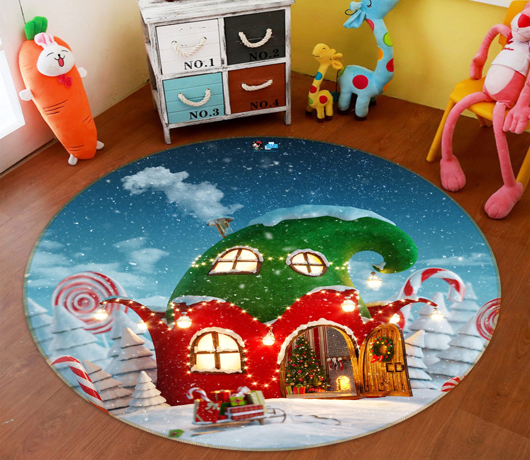 3D Red Green Cottage 54050 Christmas Round Non Slip Rug Mat Xmas