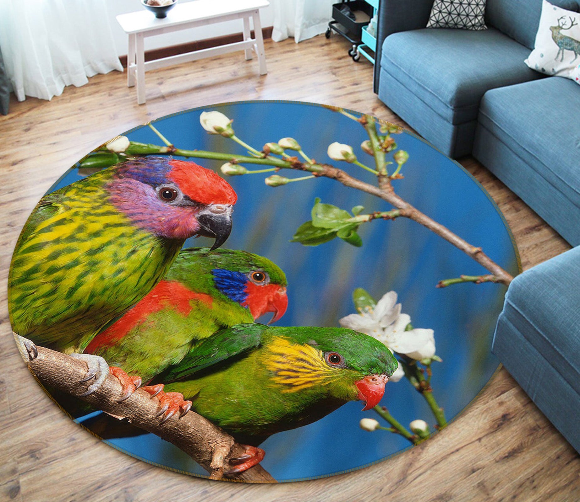 3D Flower Branch Bird 82029 Animal Round Non Slip Rug Mat