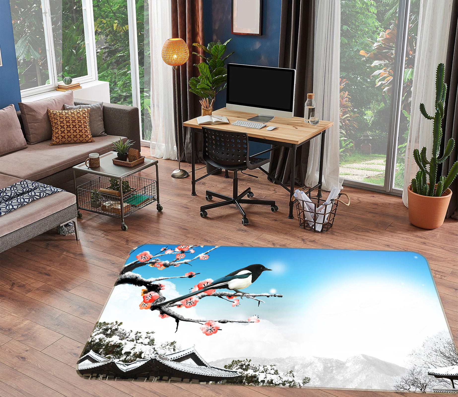 3D Flower Branch Bird 76020 Non Slip Rug Mat