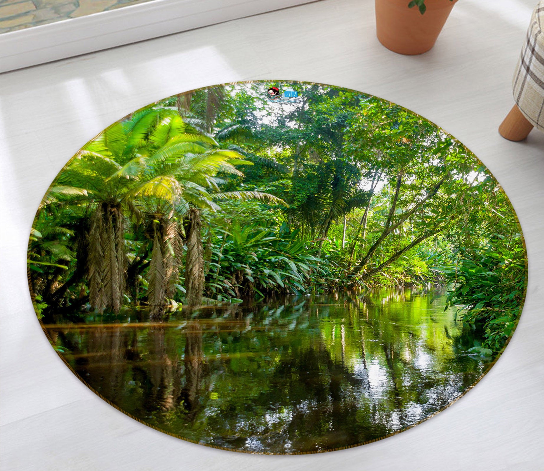 3D Tropical Woods River 74056 Round Non Slip Rug Mat