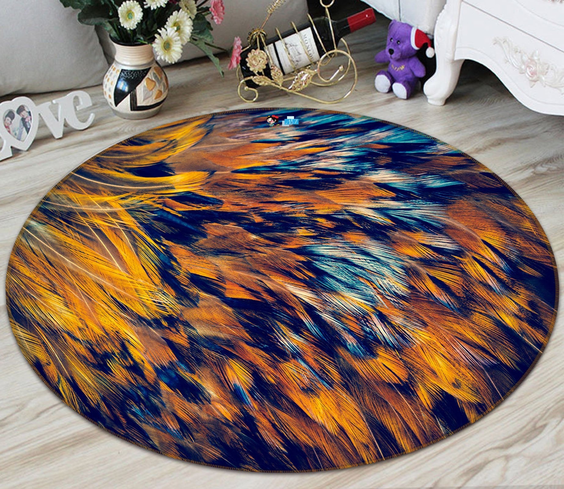 3D Golden Feather 96 Round Non Slip Rug Mat Mat AJ Creativity Home 