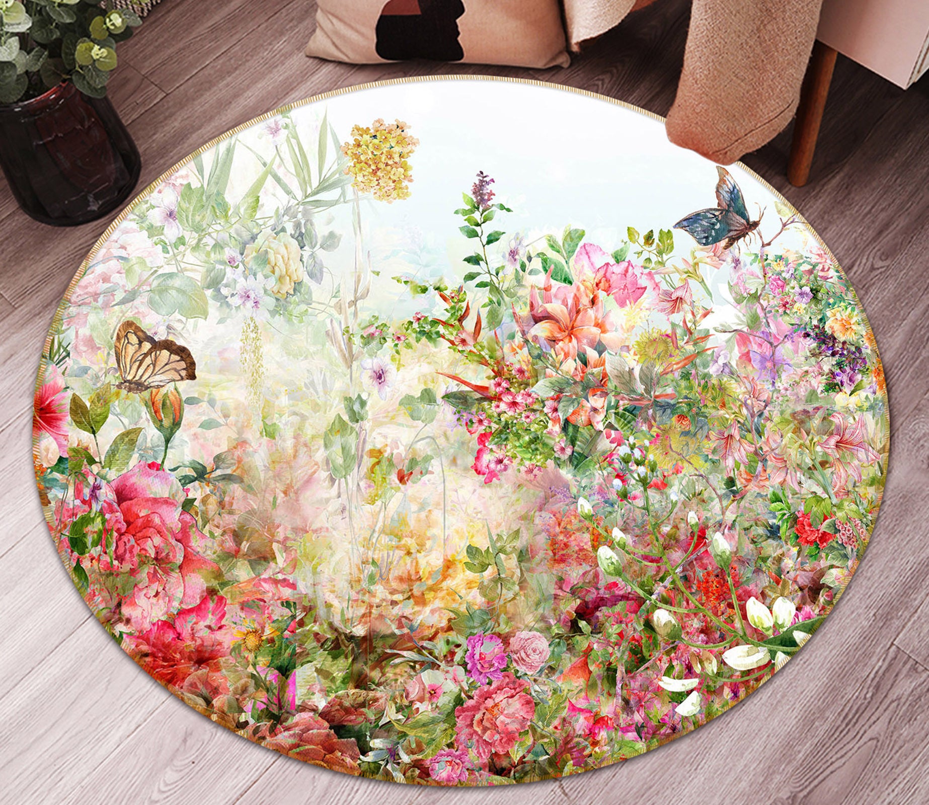 3D Butterfly Flower Bush 71245 Round Non Slip Rug Mat