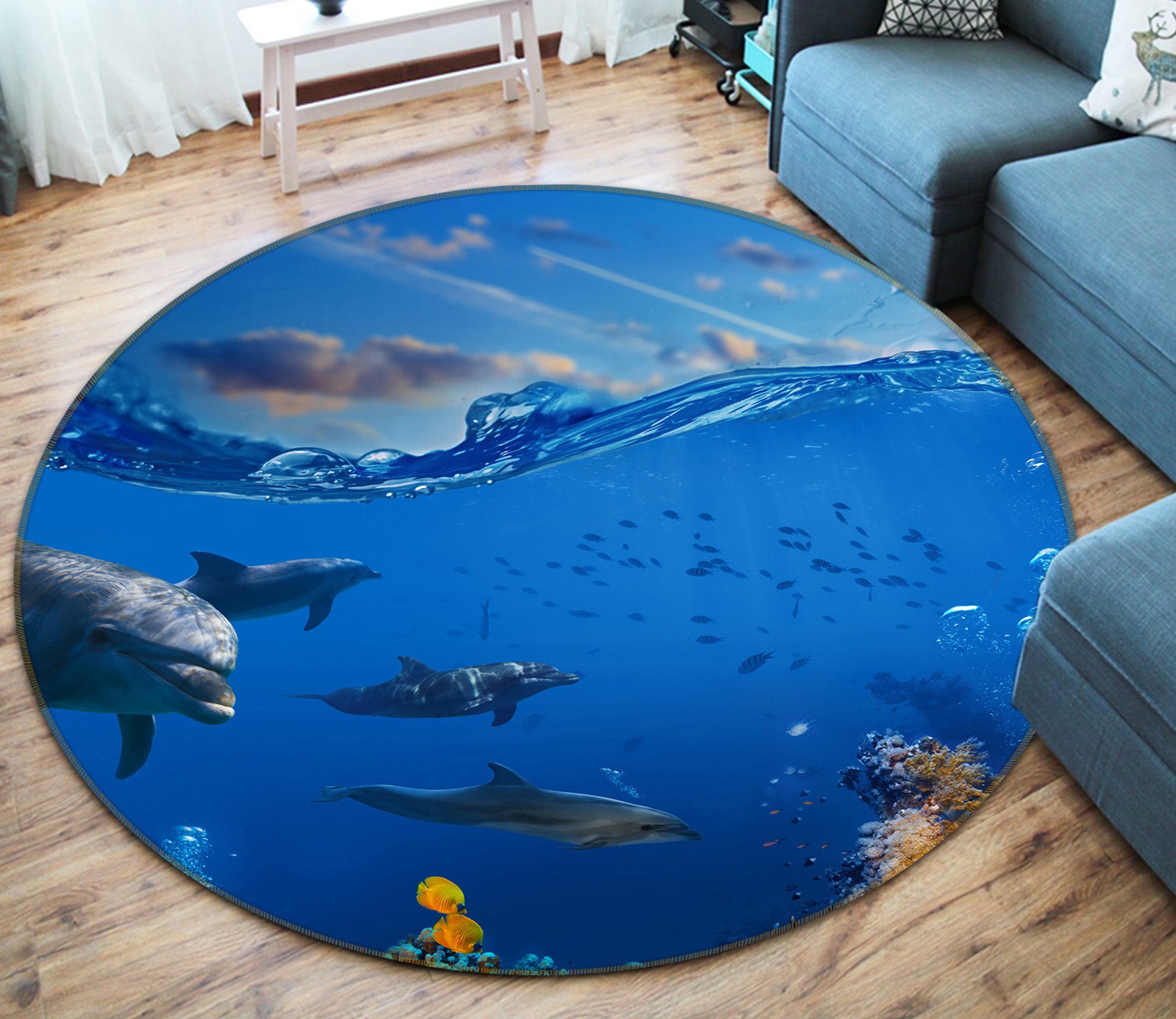 3D Seabed Dolphin 38088 Animal Round Non Slip Rug Mat