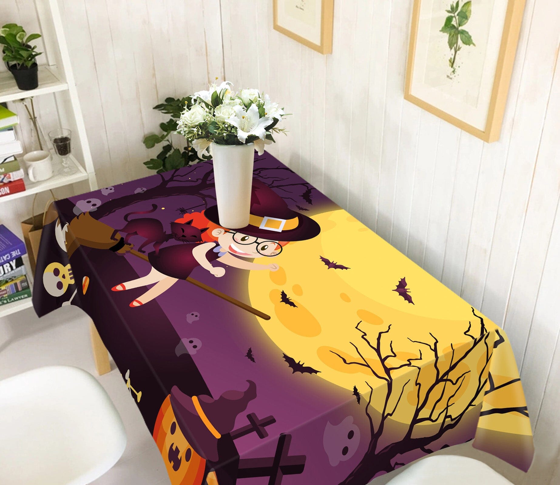 3D Cute Witch Bat Cat 042 Halloween Tablecloths Wallpaper AJ Wallpaper 
