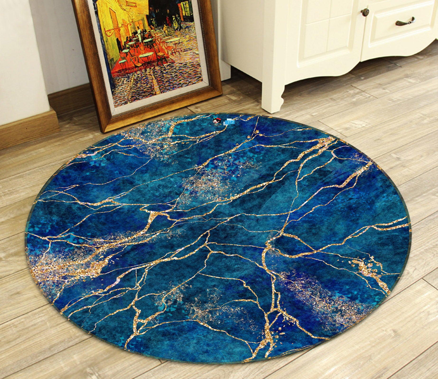 3D Navy Blue Marbling 71150 Round Non Slip Rug Mat