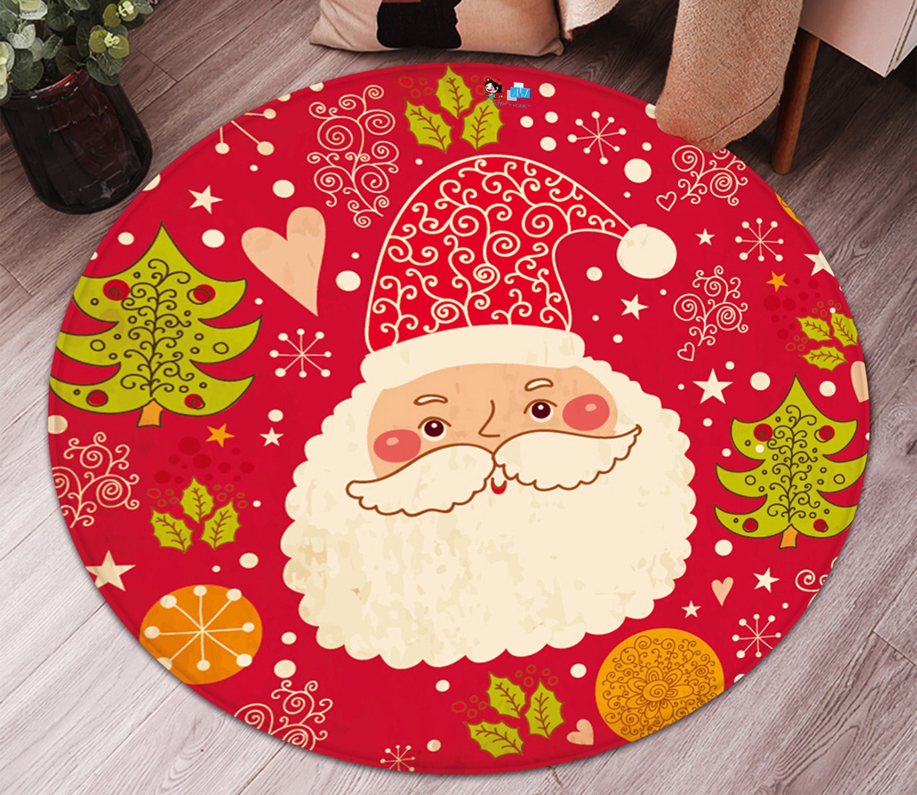 3D Santa Claus 66030 Christmas Round Non Slip Rug Mat Xmas