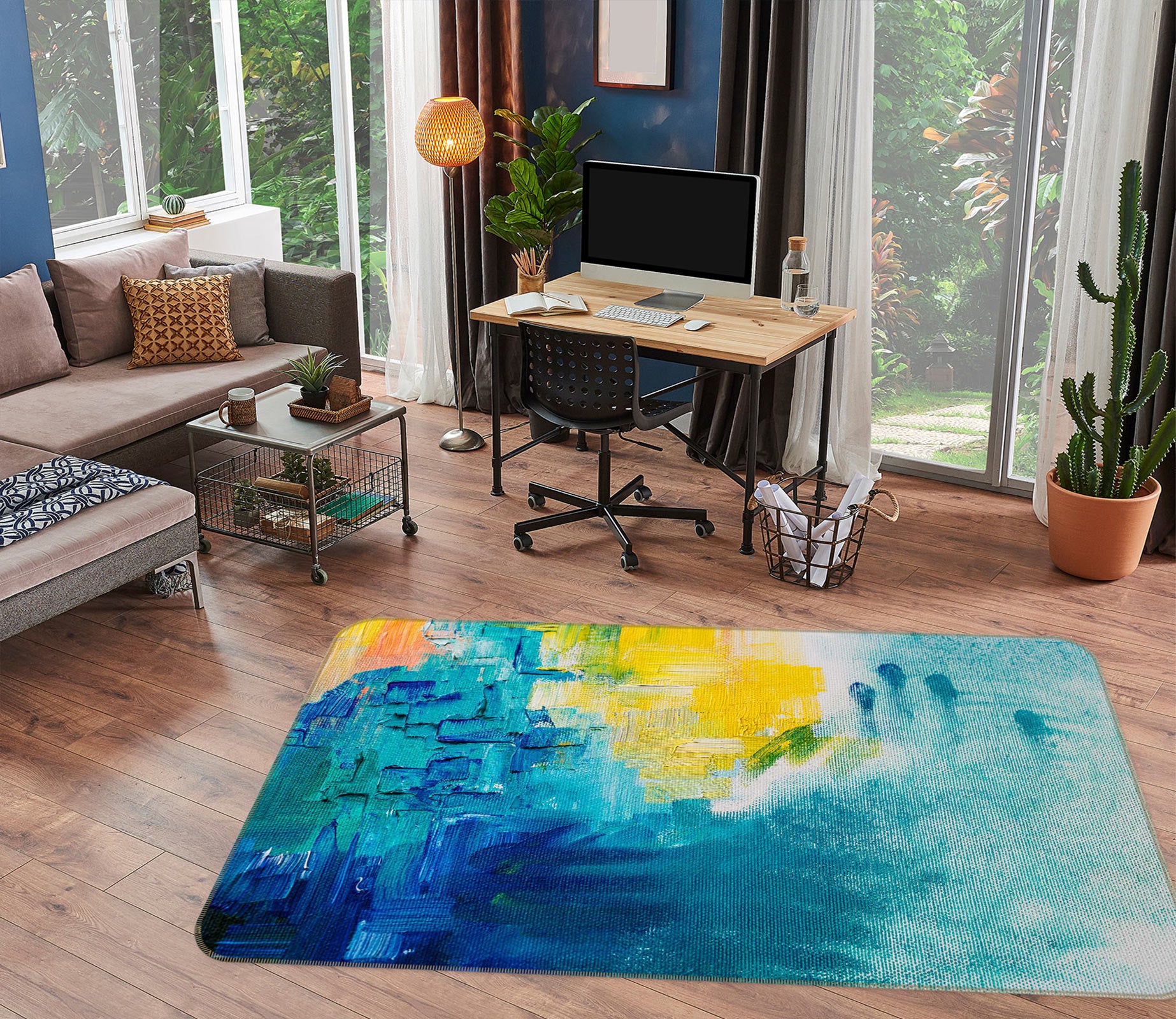 3D Blue Yellow Pattern 30054 Non Slip Rug Mat