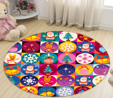 3D Colorful Circle Snowflake Tree Pattern 54026 Christmas Round Non Slip Rug Mat Xmas