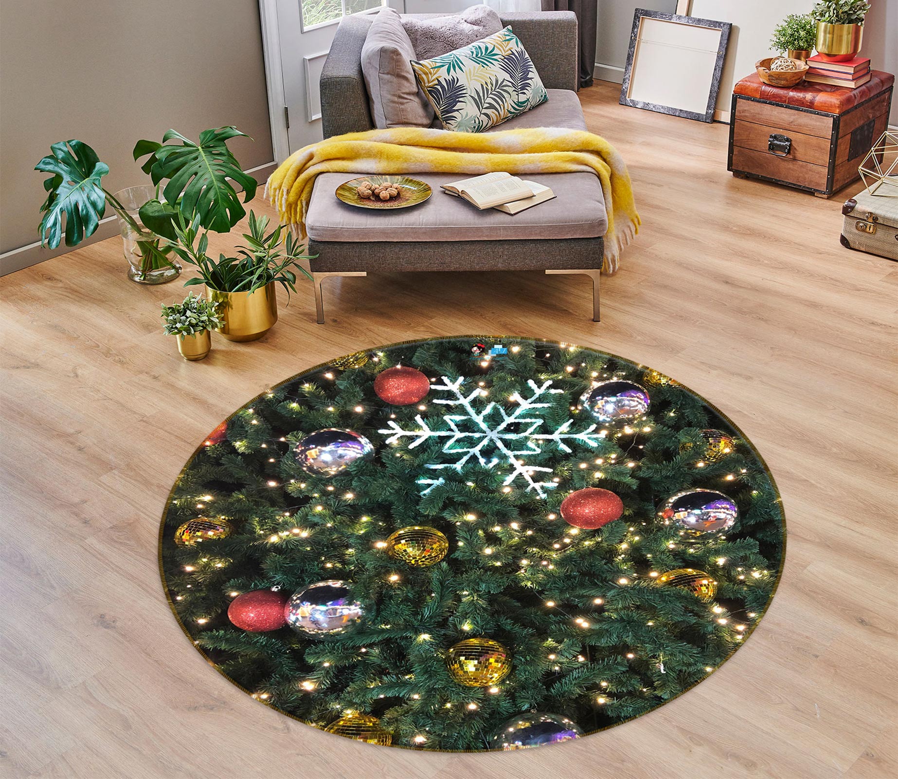 3D Tree Ball Snowflake Pendant 54079 Christmas Round Non Slip Rug Mat Xmas