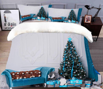 3D Blue Christmas Tree Sofa 45141 Christmas Quilt Duvet Cover Xmas Bed Pillowcases
