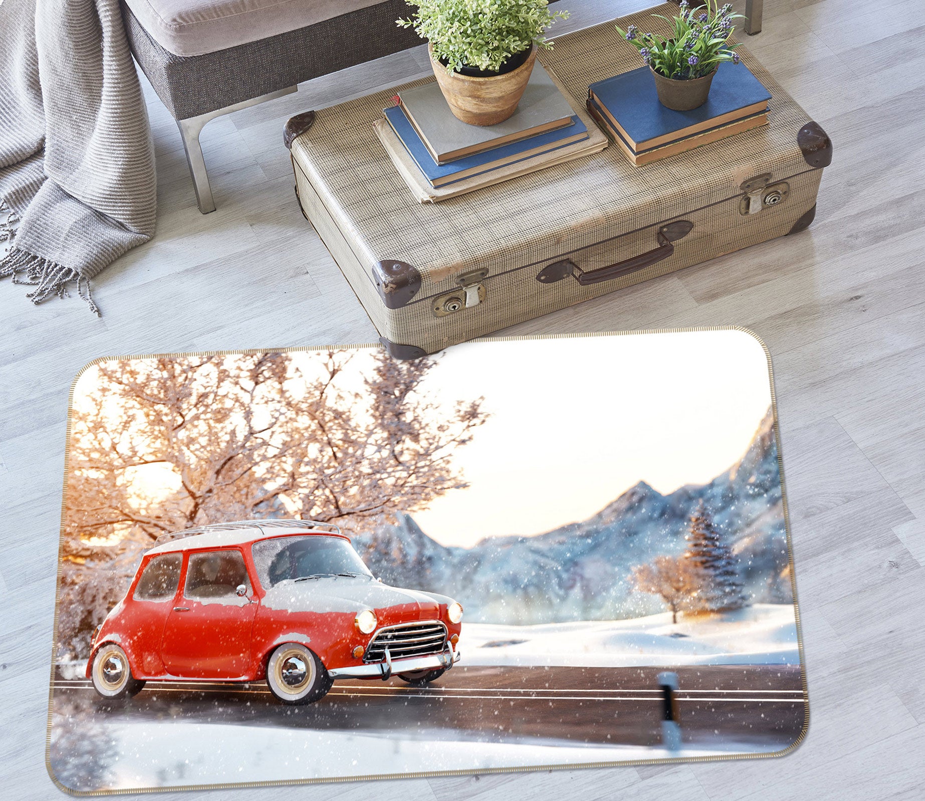 3D Snow Mountain Red Car 68001 Vehicle Non Slip Rug Mat