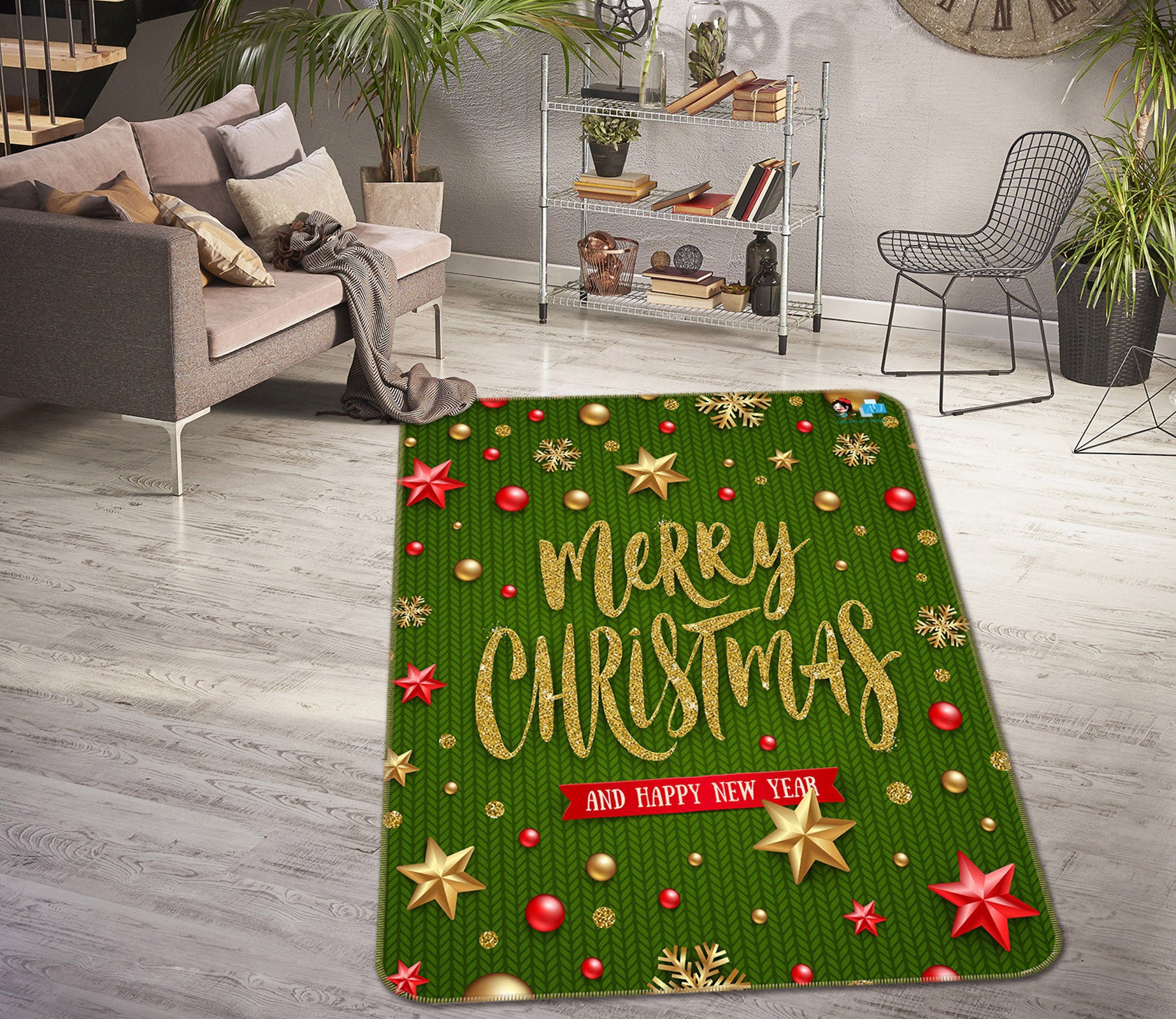 3D Green Background Star 55145 Christmas Non Slip Rug Mat Xmas