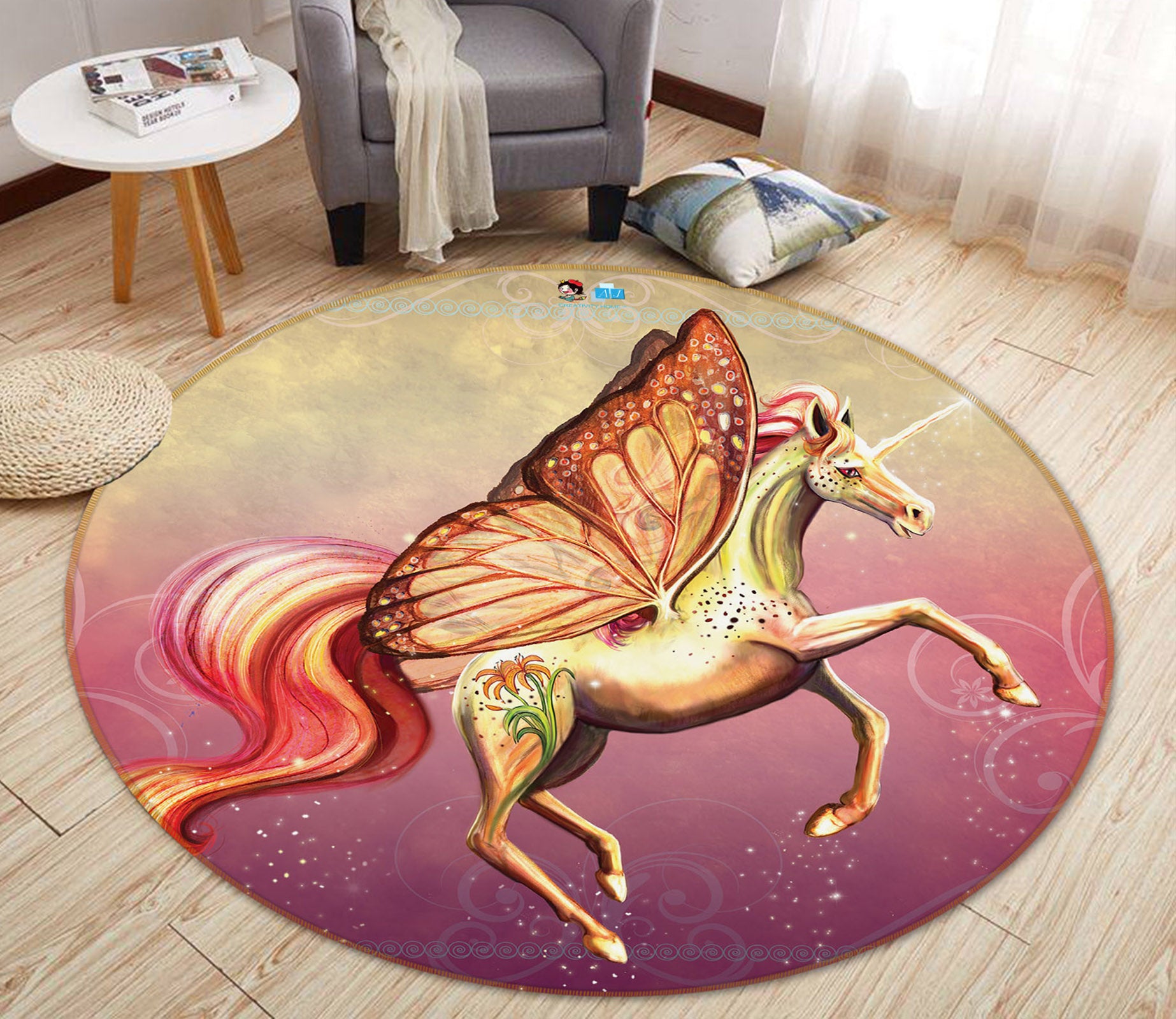 3D Butterfly Unicorn 83155 Rose Catherine Khan Rug Round Non Slip Rug Mat