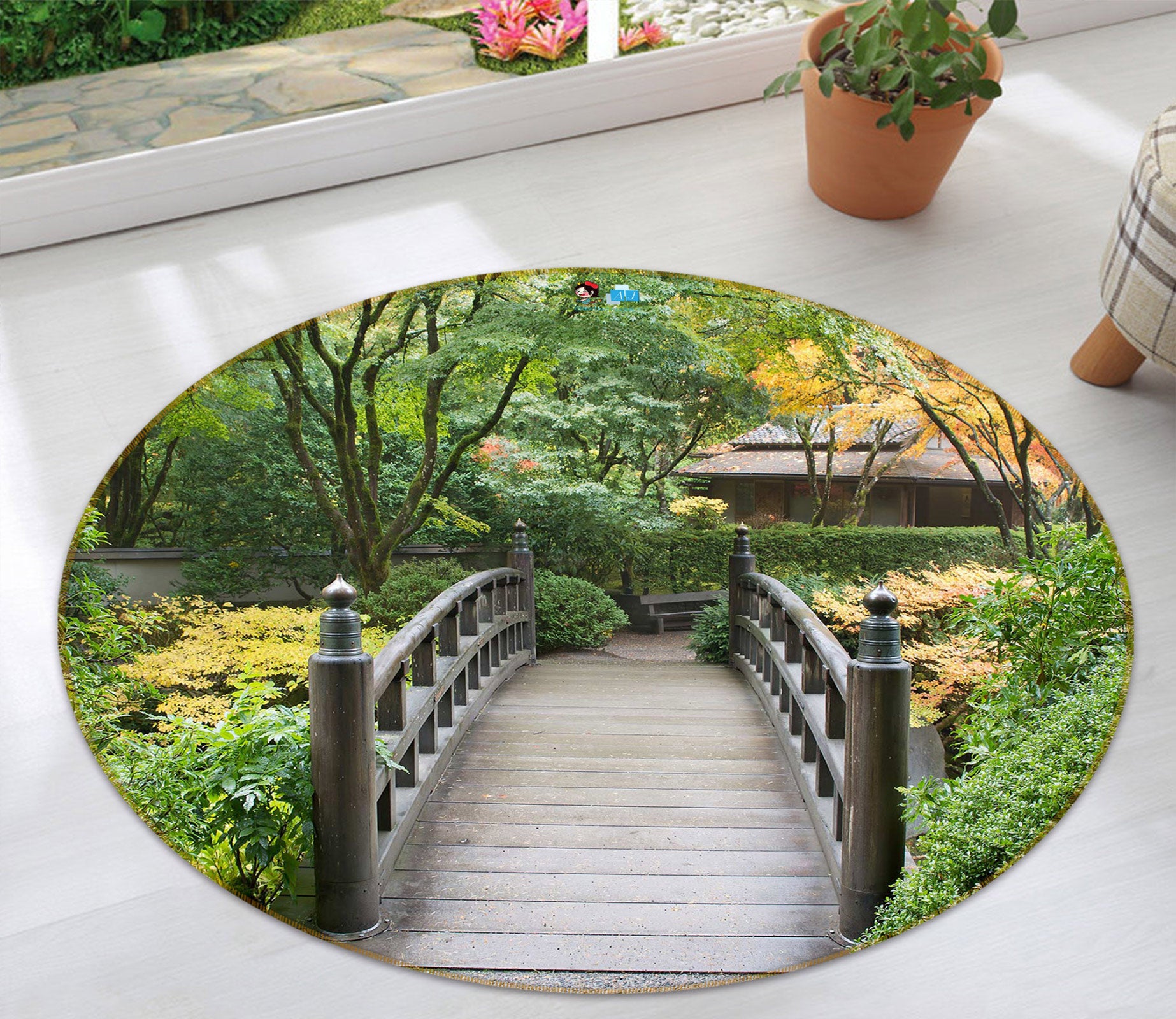 3D Forest Bridge 72254 Round Non Slip Rug Mat