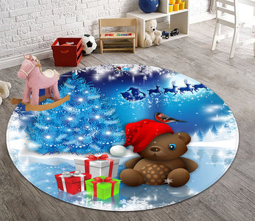 3D Snow Gift Box Bear Doll 66035 Christmas Round Non Slip Rug Mat Xmas