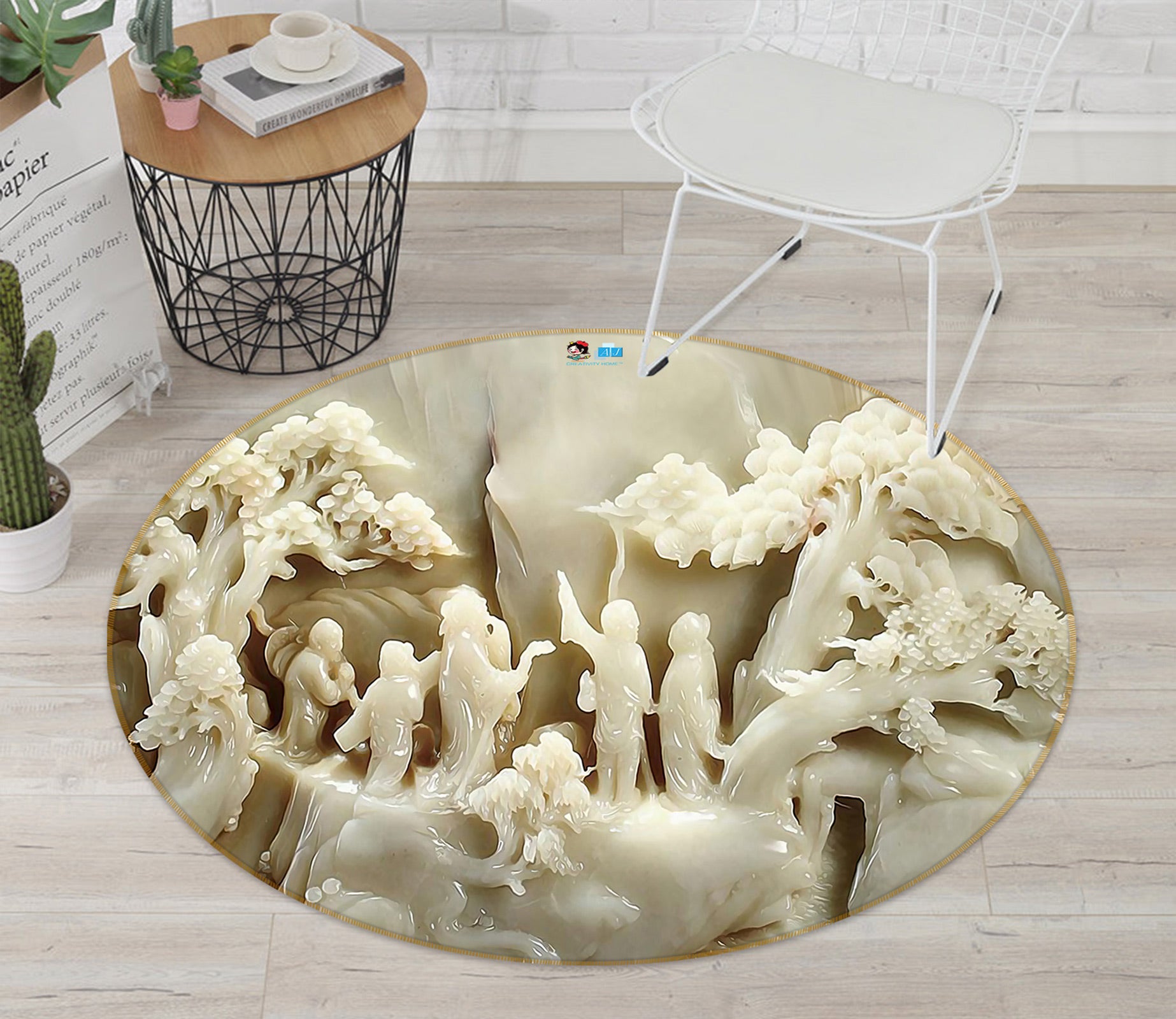3D White Jade Carving 81015 Round Non Slip Rug Mat