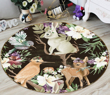 3D Deer Rabbit Bird Flower 37032 Round Non Slip Rug Mat