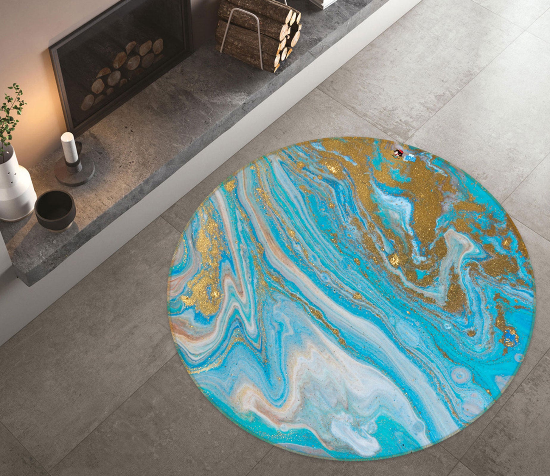 3D Blue Golden Texture 81170 Round Non Slip Rug Mat