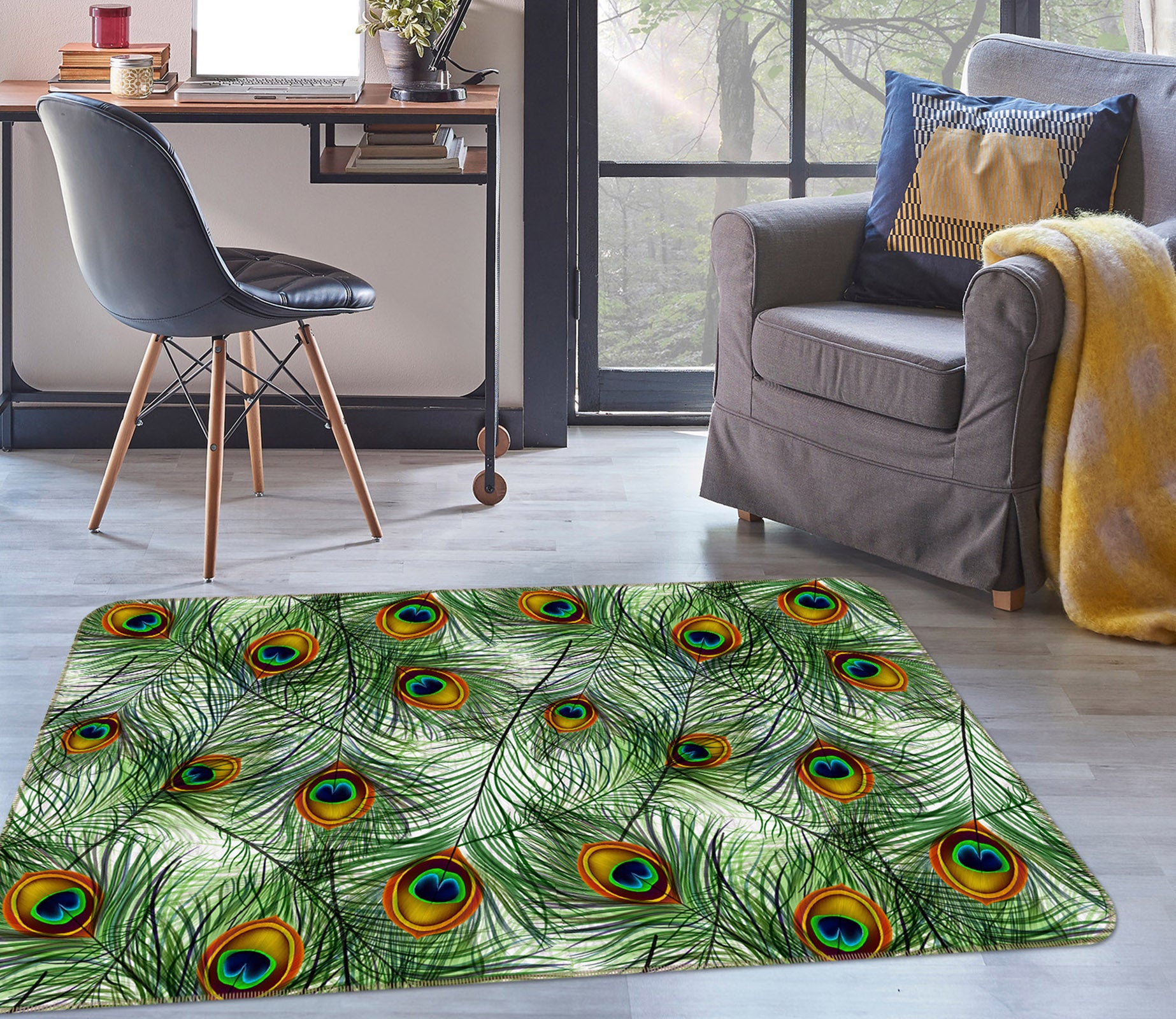 3D Peacock Feather 34234 Non Slip Rug Mat