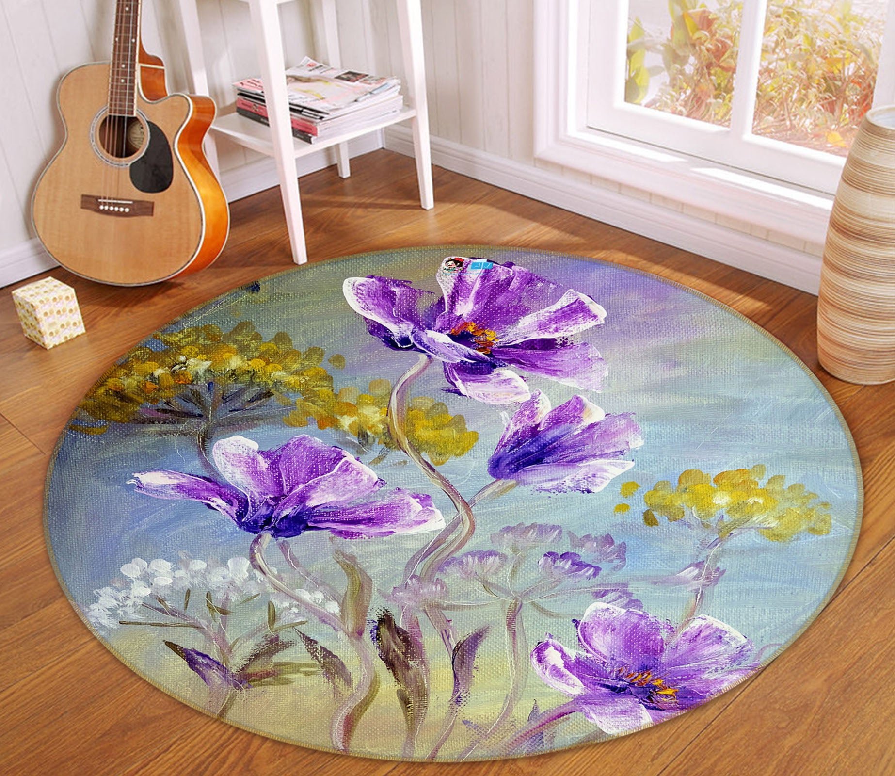 3D Purple Flowers 69091 Round Non Slip Rug Mat