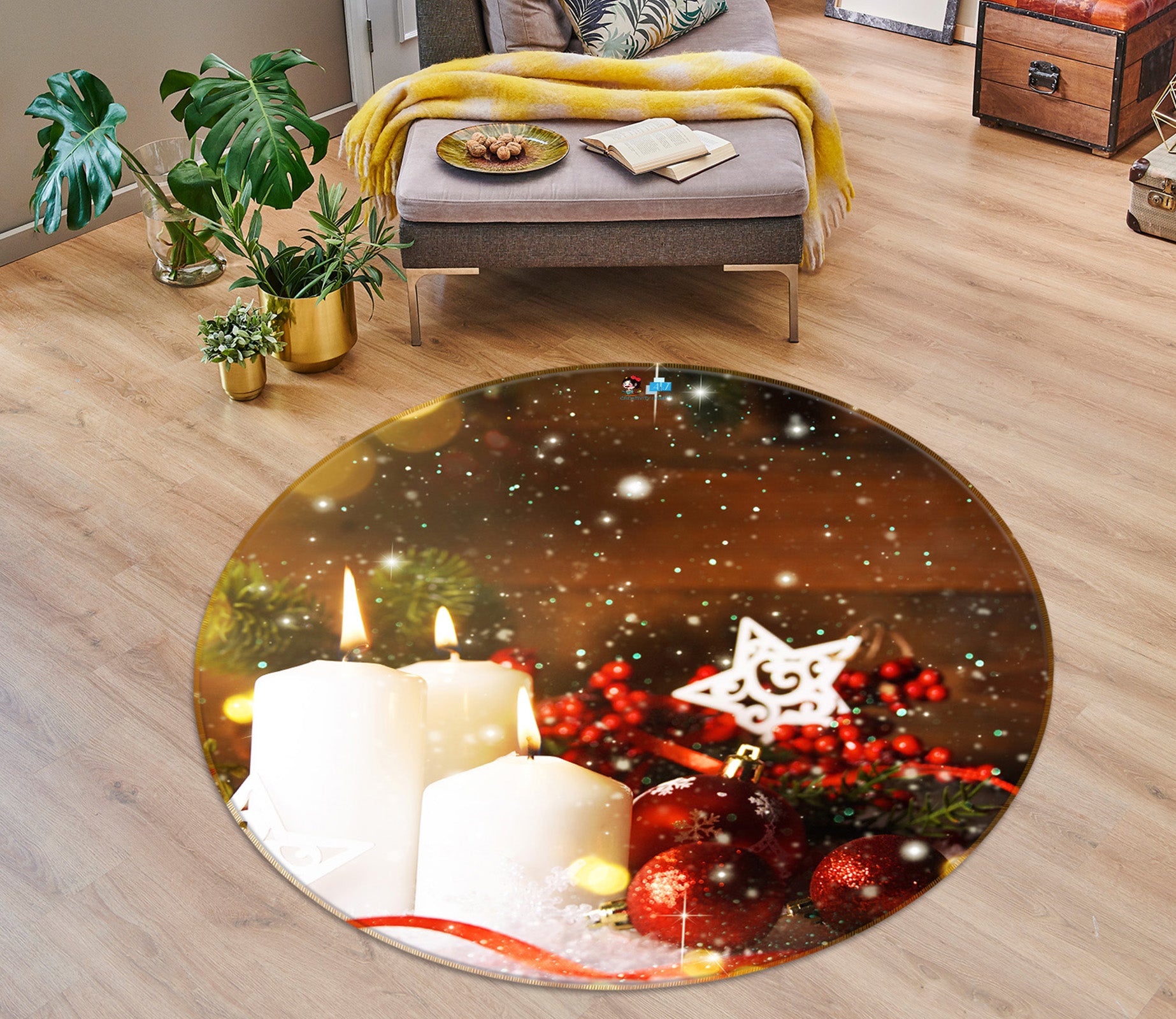 3D White Candle 54166 Christmas Round Non Slip Rug Mat Xmas