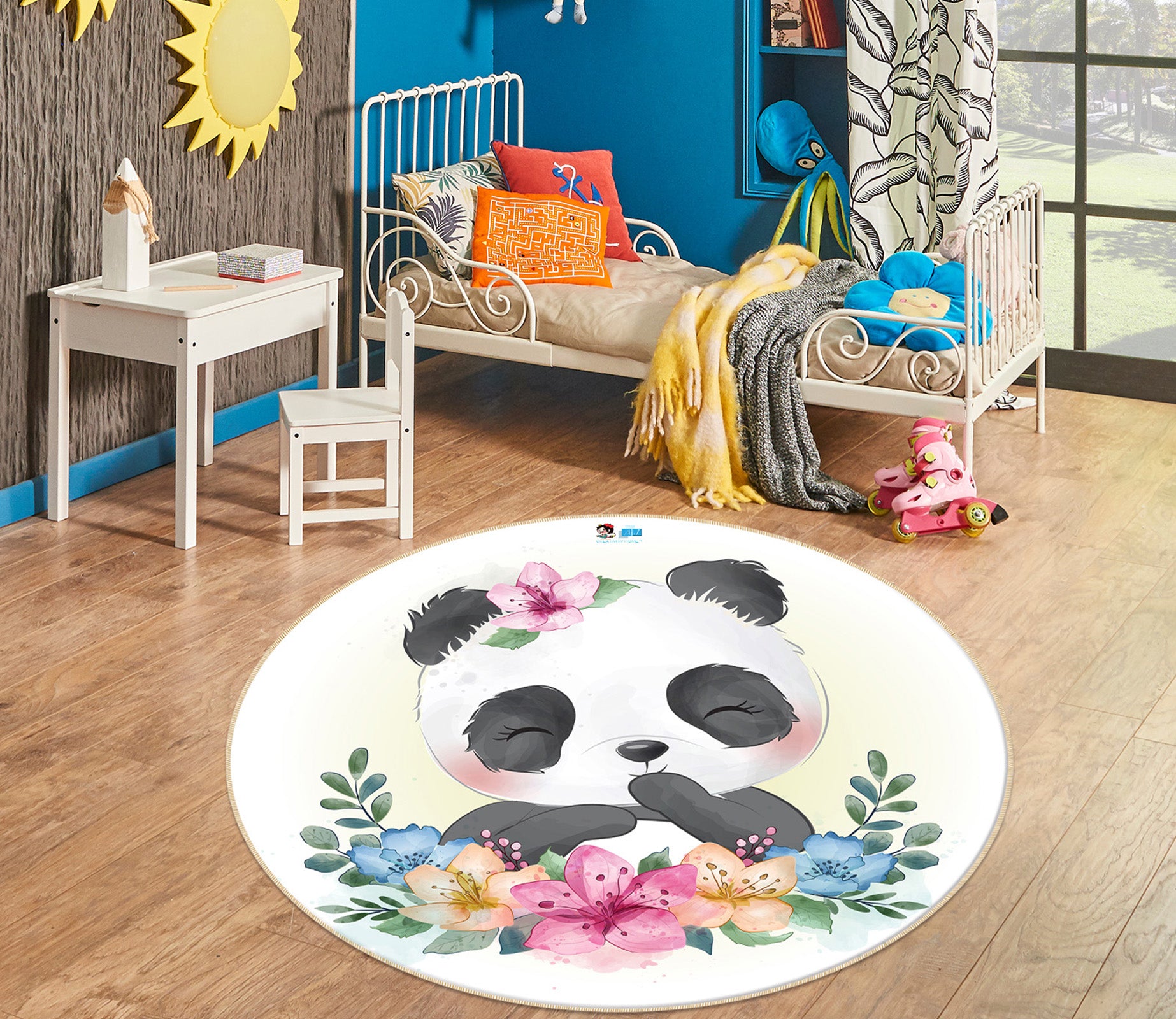 3D Panda Flower 74215 Round Non Slip Rug Mat