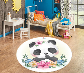 3D Panda Flower 74215 Round Non Slip Rug Mat