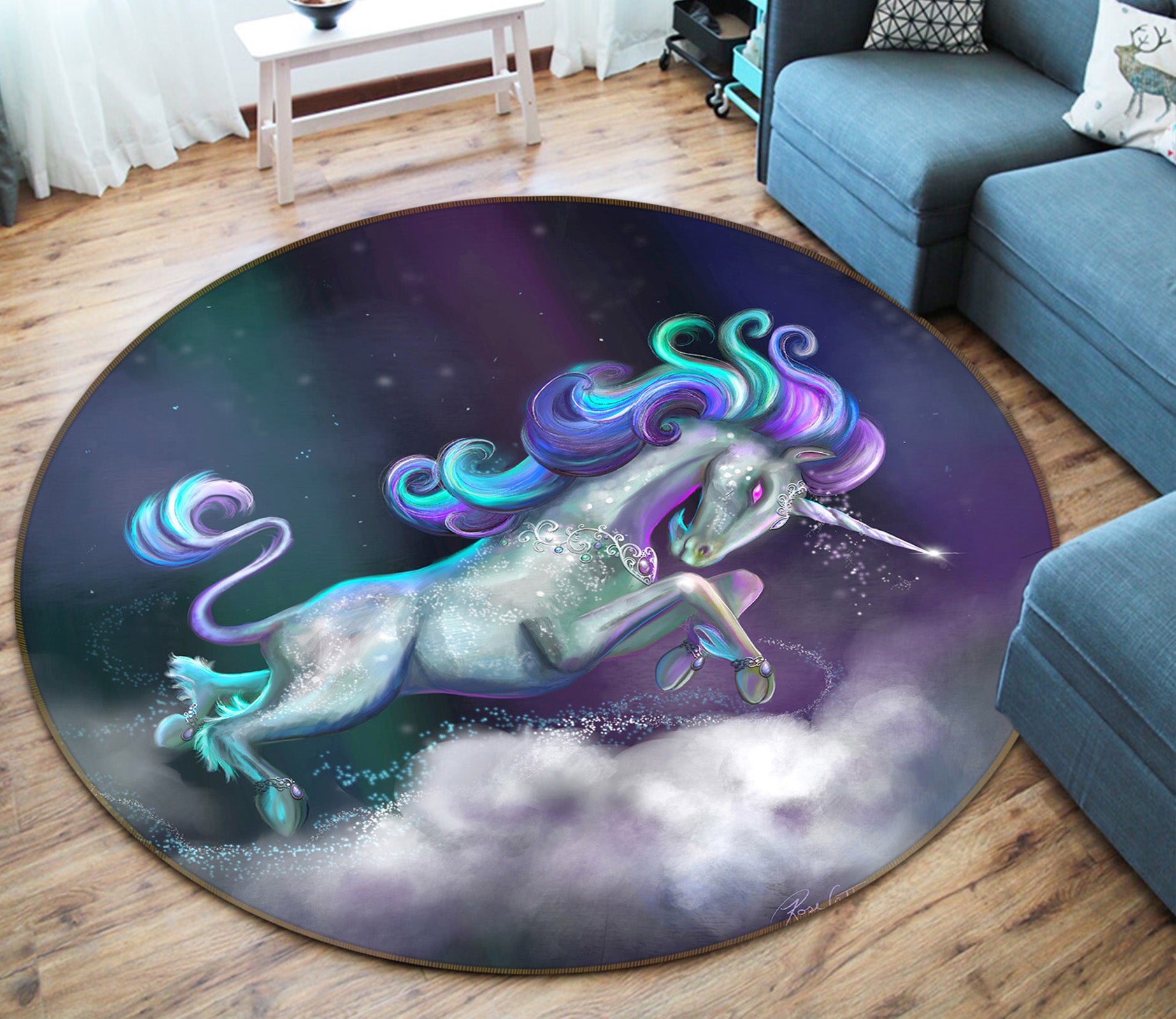 3D Unicorn Clouds 83163 Rose Catherine Khan Rug Round Non Slip Rug Mat