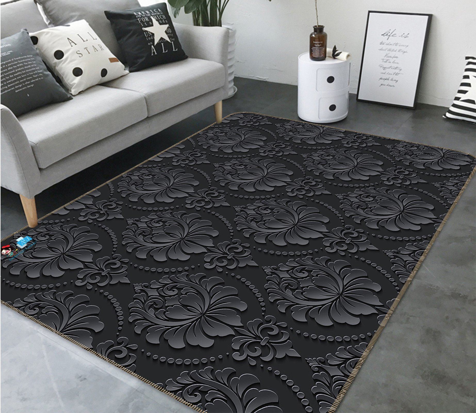 3D Black Flower Pattern 8 Non Slip Rug Mat Mat AJ Creativity Home 