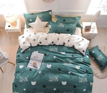 3D Green Cartoon Cat Head 7095 Bed Pillowcases Quilt