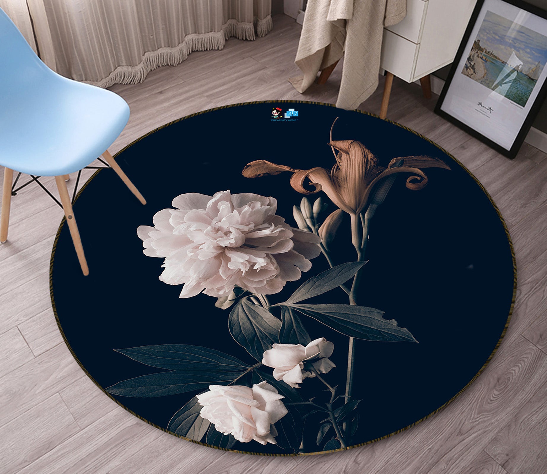 3D White Flowers 71153 Round Non Slip Rug Mat