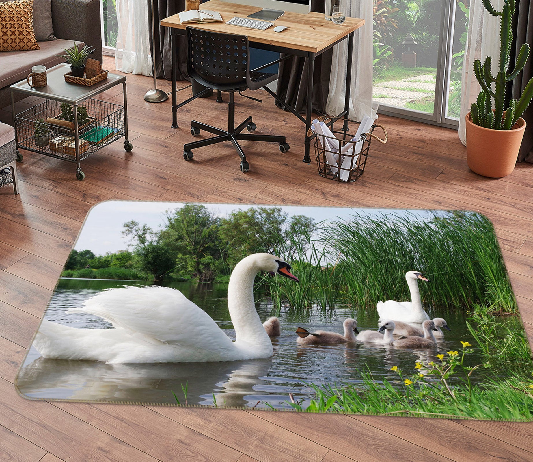 3D Swan Lake Tree 082 Animal Non Slip Rug Mat