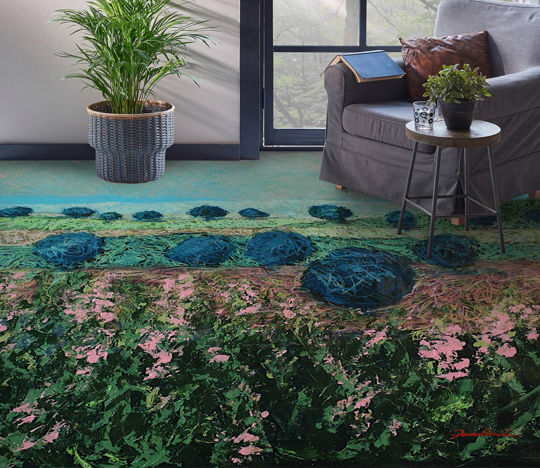 3D Pink Flower Bushes 9533 Allan P. Friedlander Floor Mural