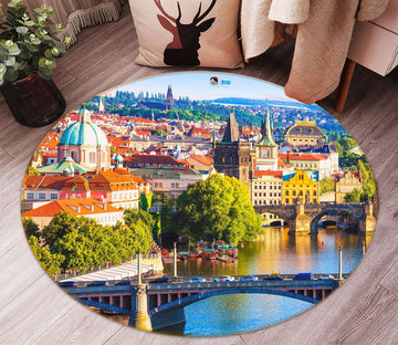 3D Houses Bridge 81005 Round Non Slip Rug Mat
