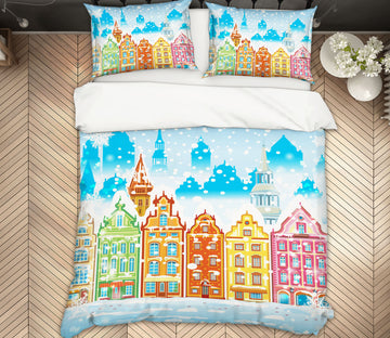 3D Colorful Houses Snowing 51090 Christmas Quilt Duvet Cover Xmas Bed Pillowcases