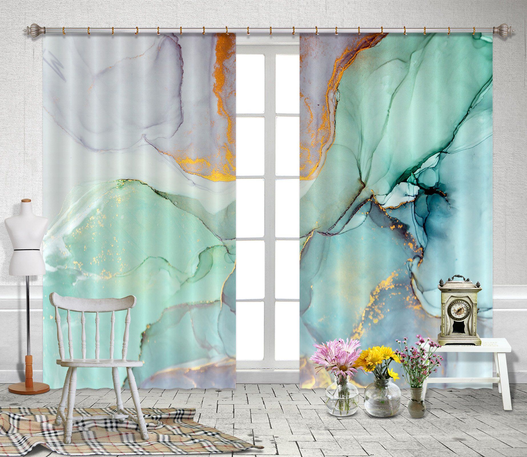 3D Light Green Irregular Line 82 Curtains Drapes Curtains AJ Creativity Home 