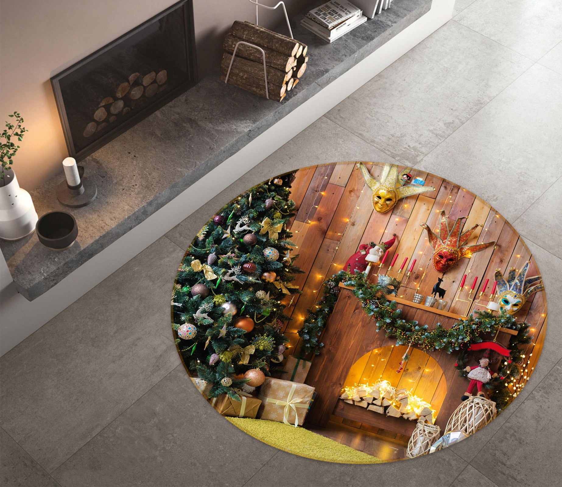 3D Fireplace Tree 54075 Christmas Round Non Slip Rug Mat Xmas