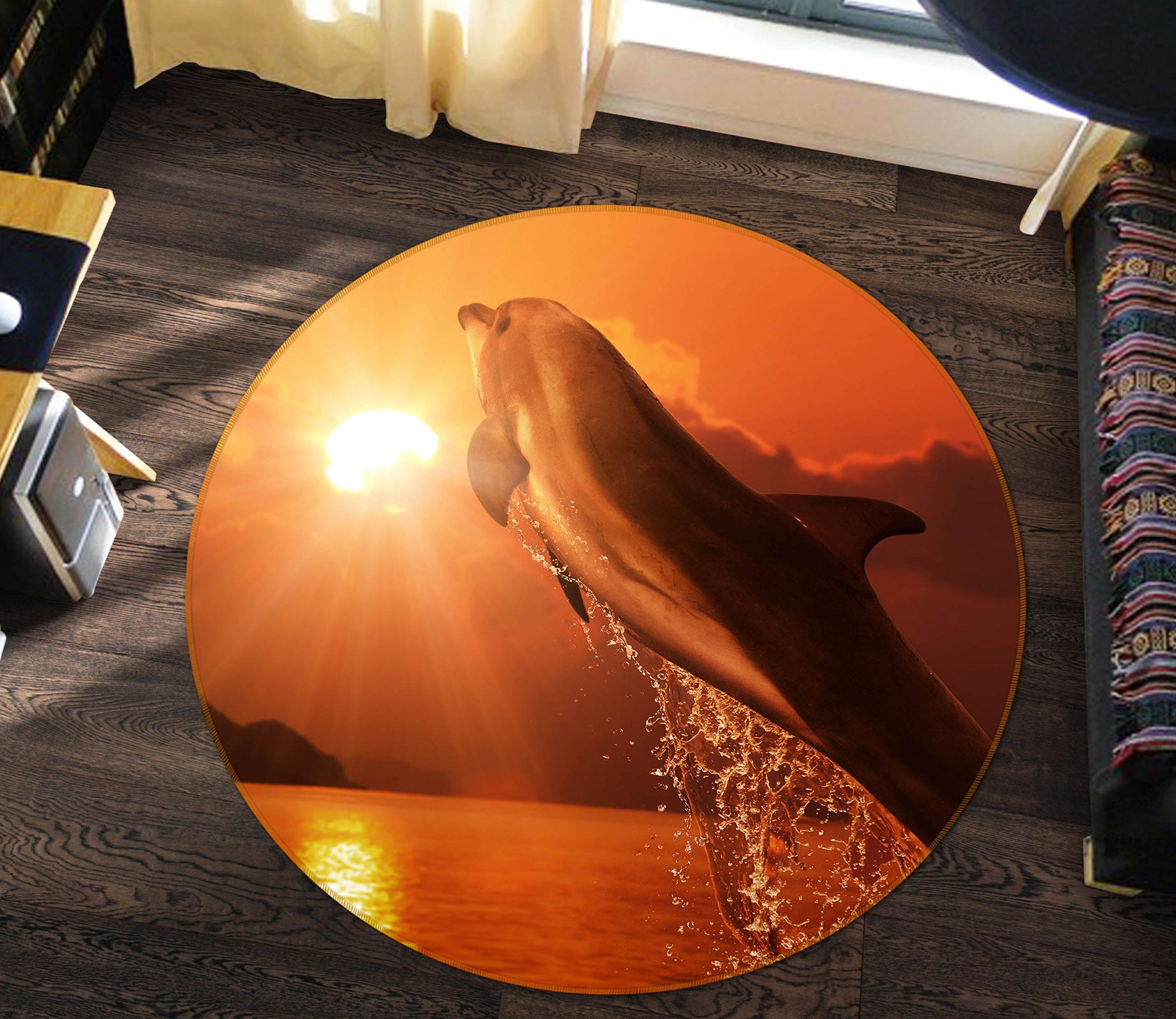 3D Dolphin Jump 38015 Animal Round Non Slip Rug Mat