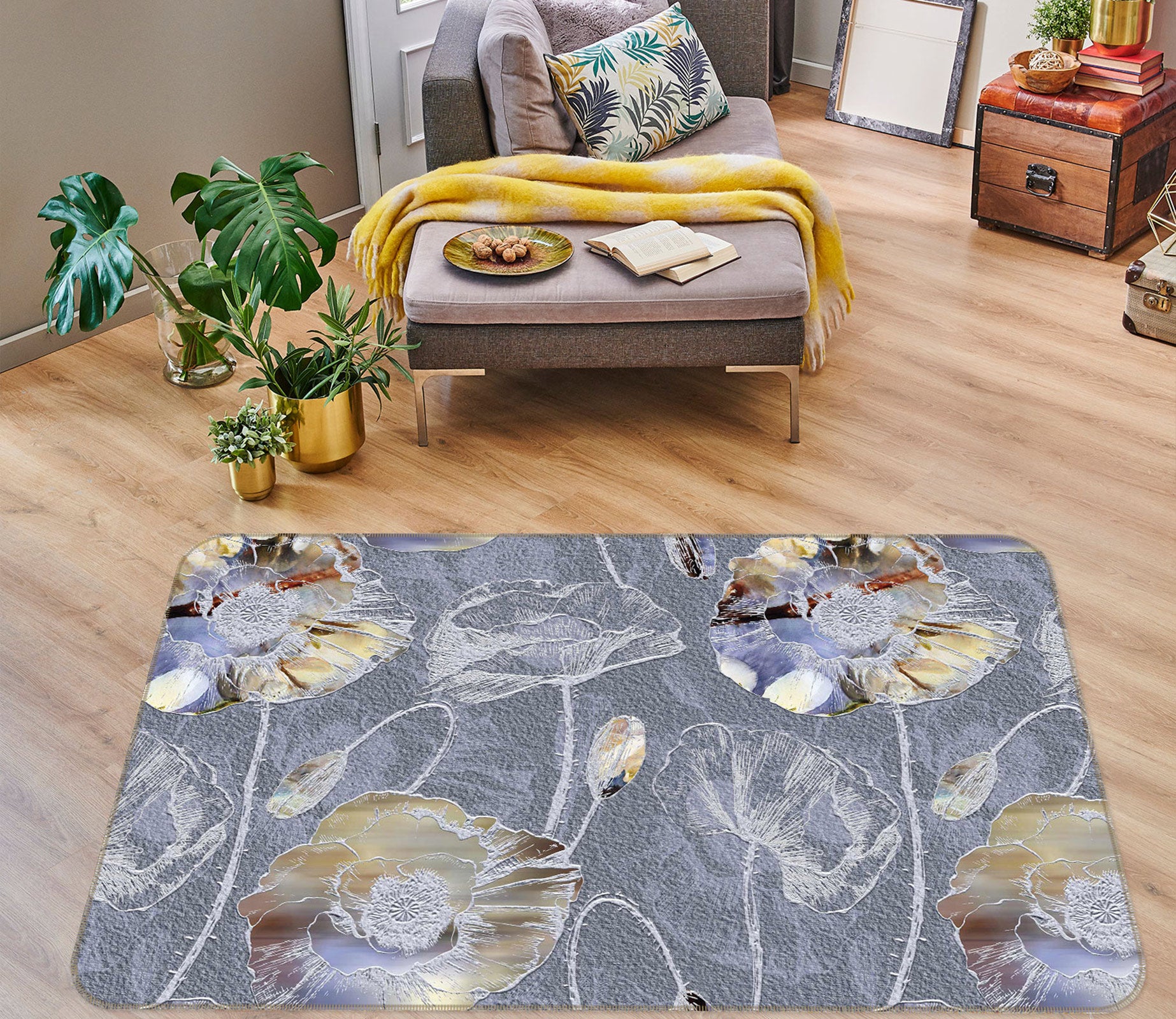 3D Grey Flower Pattern 33029 Non Slip Rug Mat