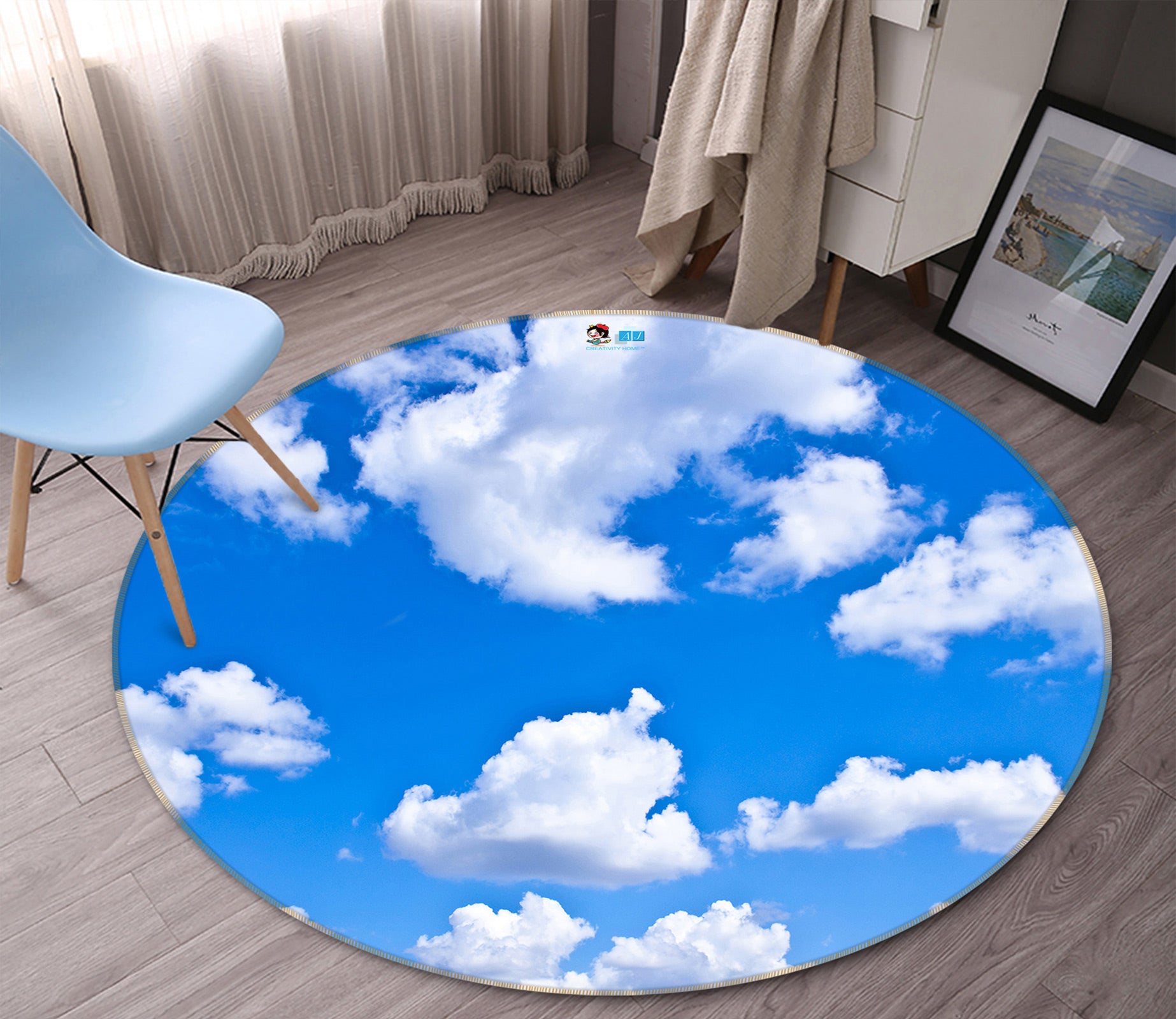 3D Blue Sky White Clouds 80299 Round Non Slip Rug Mat