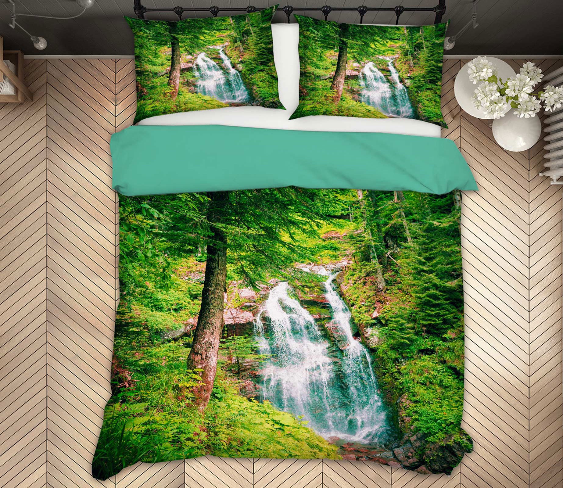 3D Trees Waterfall 15169 Bed Pillowcases Quilt