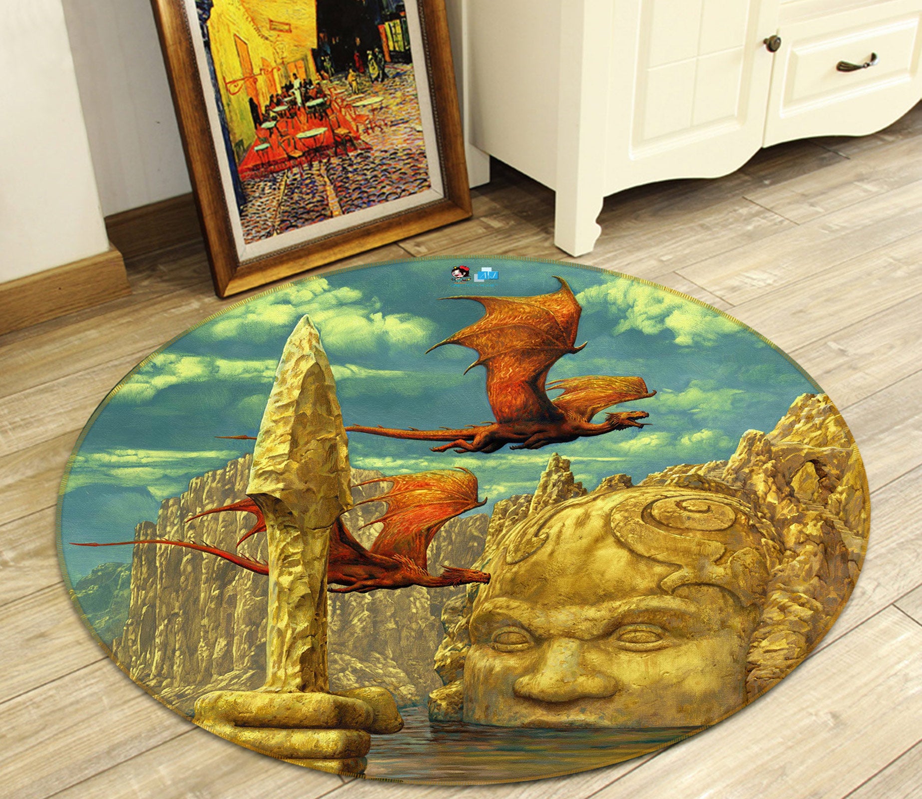 3D Statue Pterosaur 6115 Ciruelo Rug Round Non Slip Rug Mat