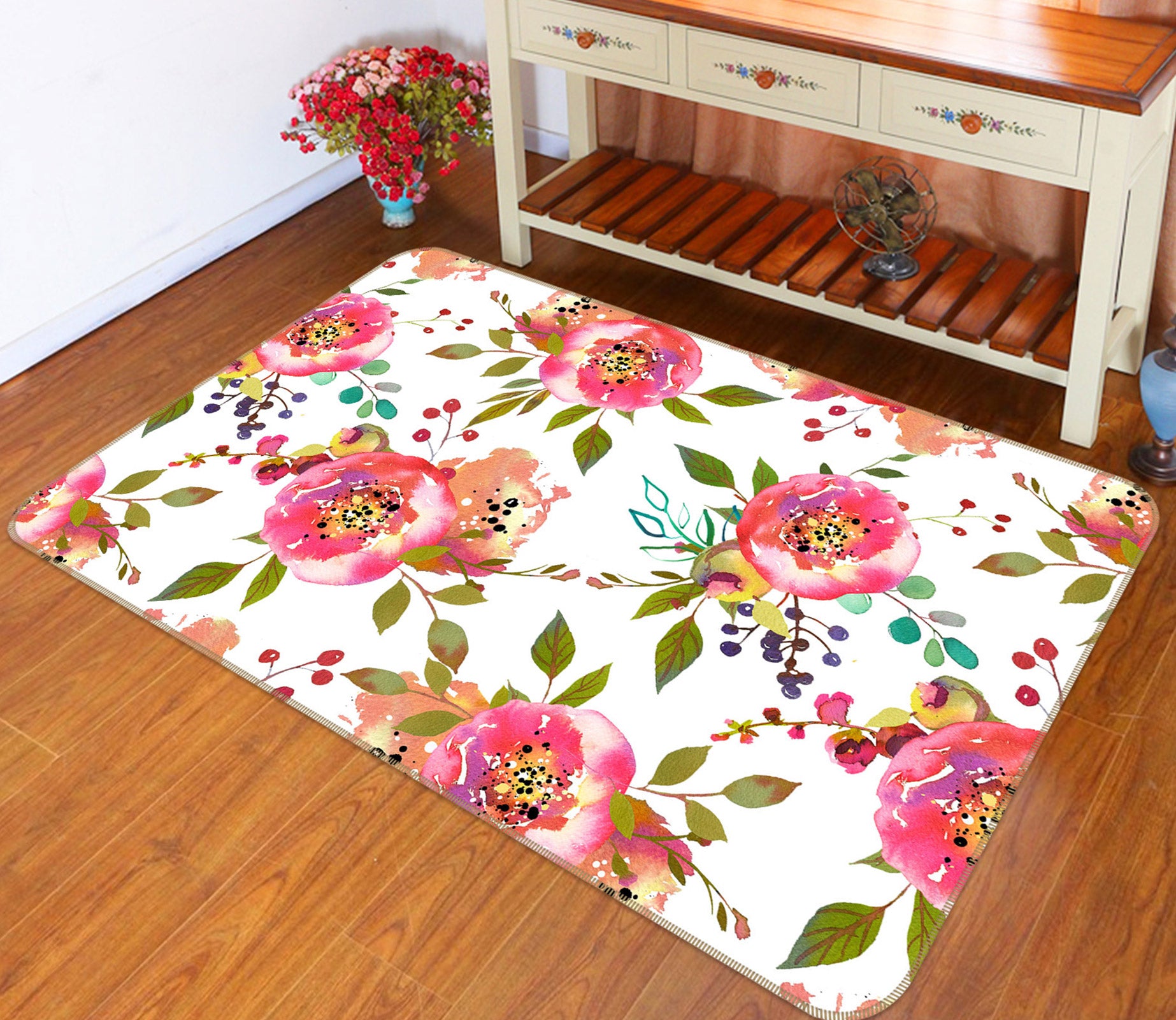 3D Cherry Flower 097 Uta Naumann Rug Non Slip Rug Mat