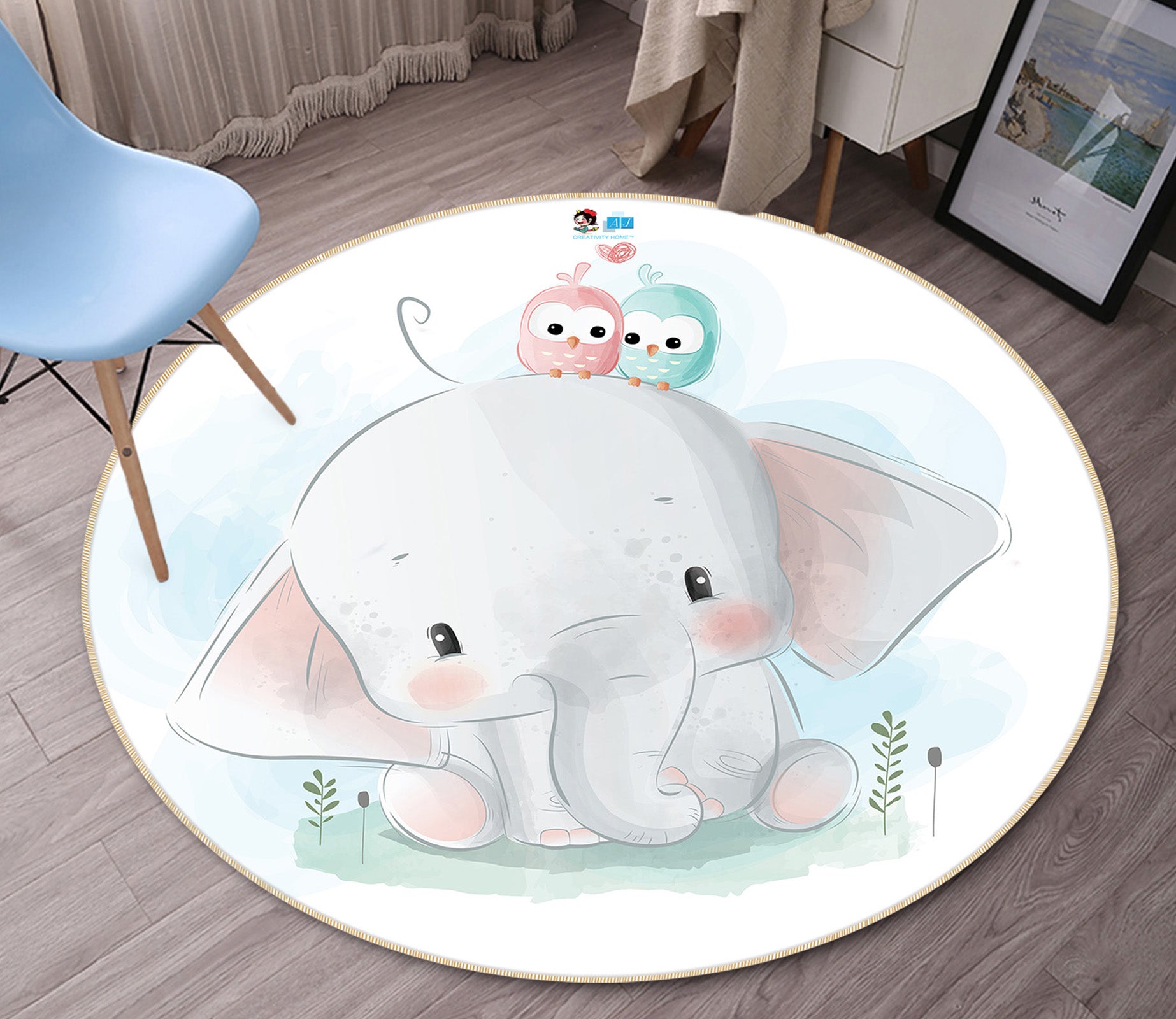 3D Elephant 74255 Round Non Slip Rug Mat