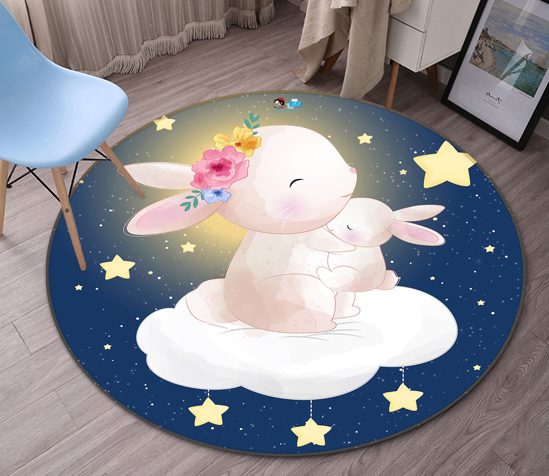 3D Rabbit Stars Clouds 74224 Round Non Slip Rug Mat