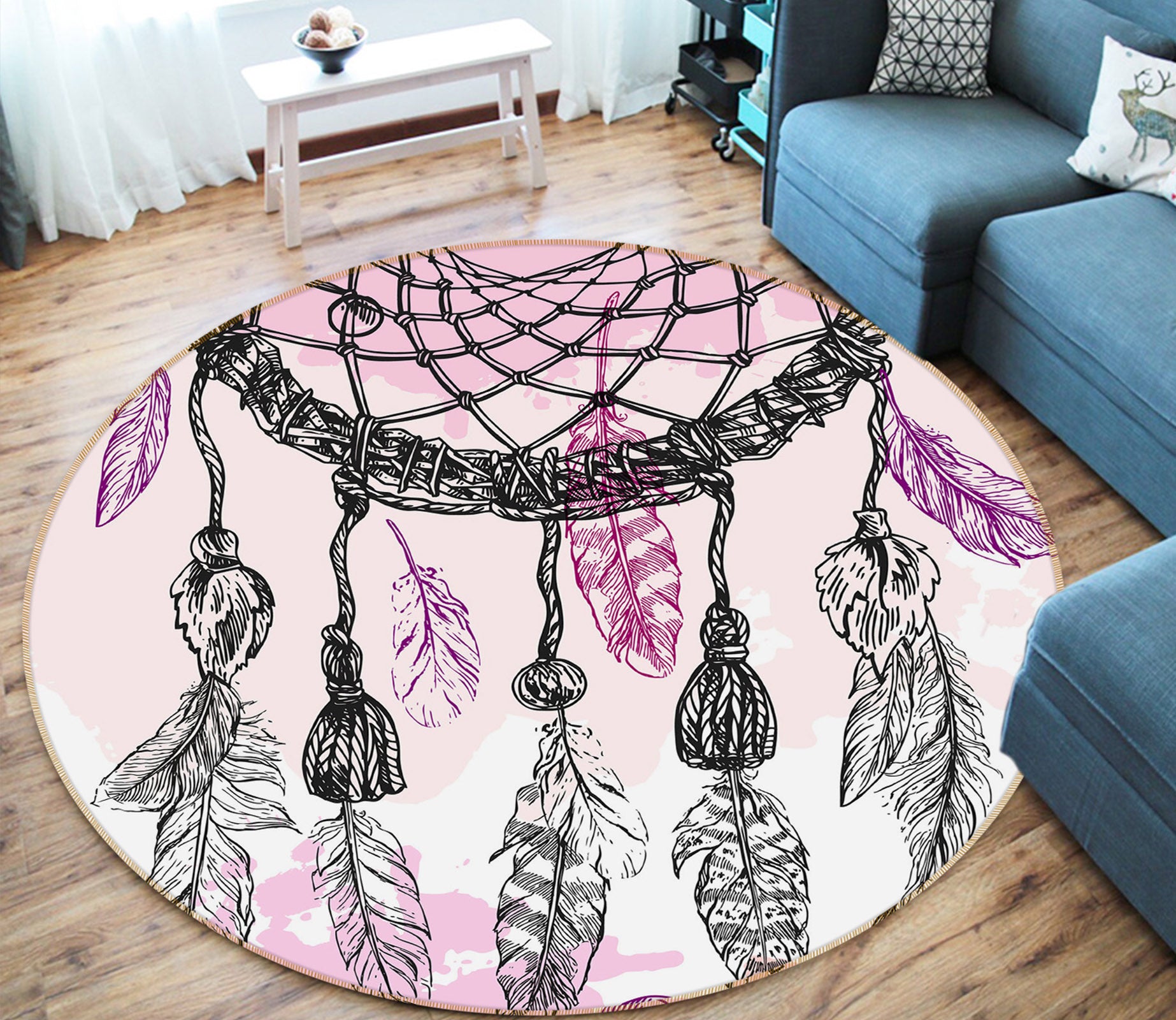 3D Feather 29020 Round Non Slip Rug Mat